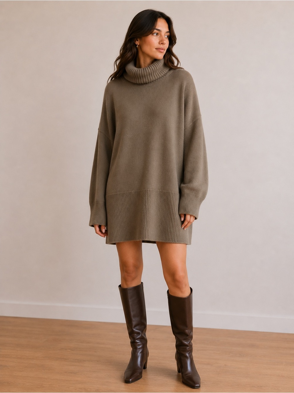 Topshop Taupe Oversized Cowl Neck Sweater Dress